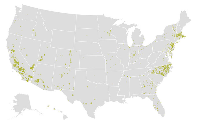 Location map of solar power plants in the United States