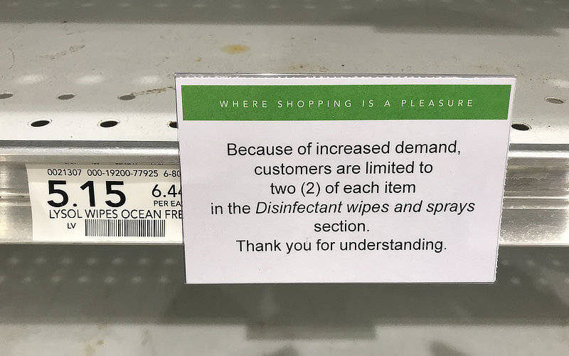 Limit (2) of each item, disinfectant wipes and sprays.