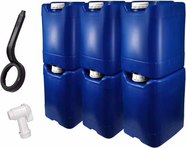 Emergency Water Storage 5 Gallon Water Tank - 4 Tanks - 5 Gallons Each  w/Lids + Spigot & Water Treatment - Survival Supply Water Container 