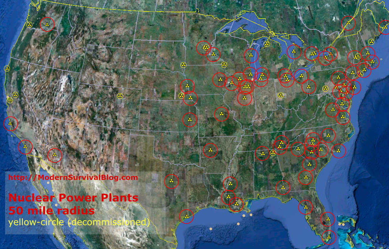 US Nuclear Power Plants Fallout Map Locations Live Time Wind Flow   United States Nuclear Reactors Map 50 Mile Radius 