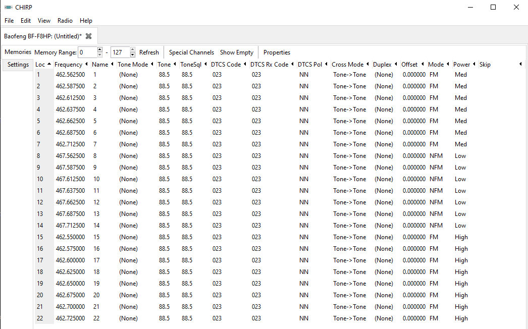 FRS/GMRS CHIRP file for programming a Baofeng radio.