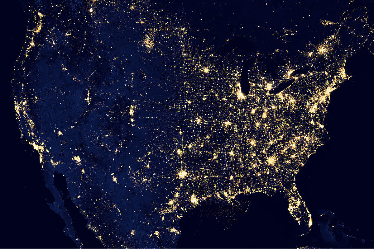 USA city lights at night satellite view