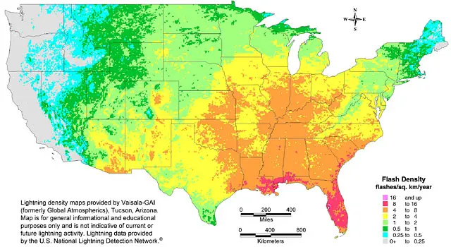 Lightning strike density USA map