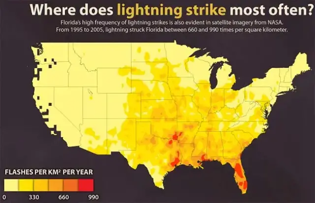 USA map showing where lightning strikes the most