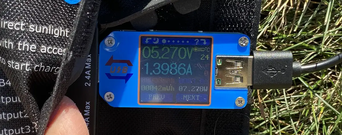 Measuring the output of BigBlue-28W folding solar panel