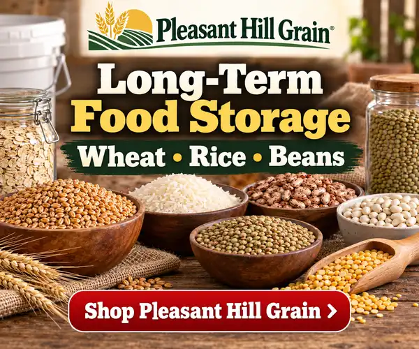 Pleasant Hill Grain long-term food storage showing bowls of wheat, rice, beans.