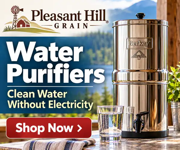 Pleasant Hill Grain water purifiers with a stainless steel gravity-fed Berkey purifier and the message “Clean Water Without Electricity.”